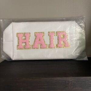White Hair Accessory Pouch Cosmetic Bag with Pink and Gold Accents